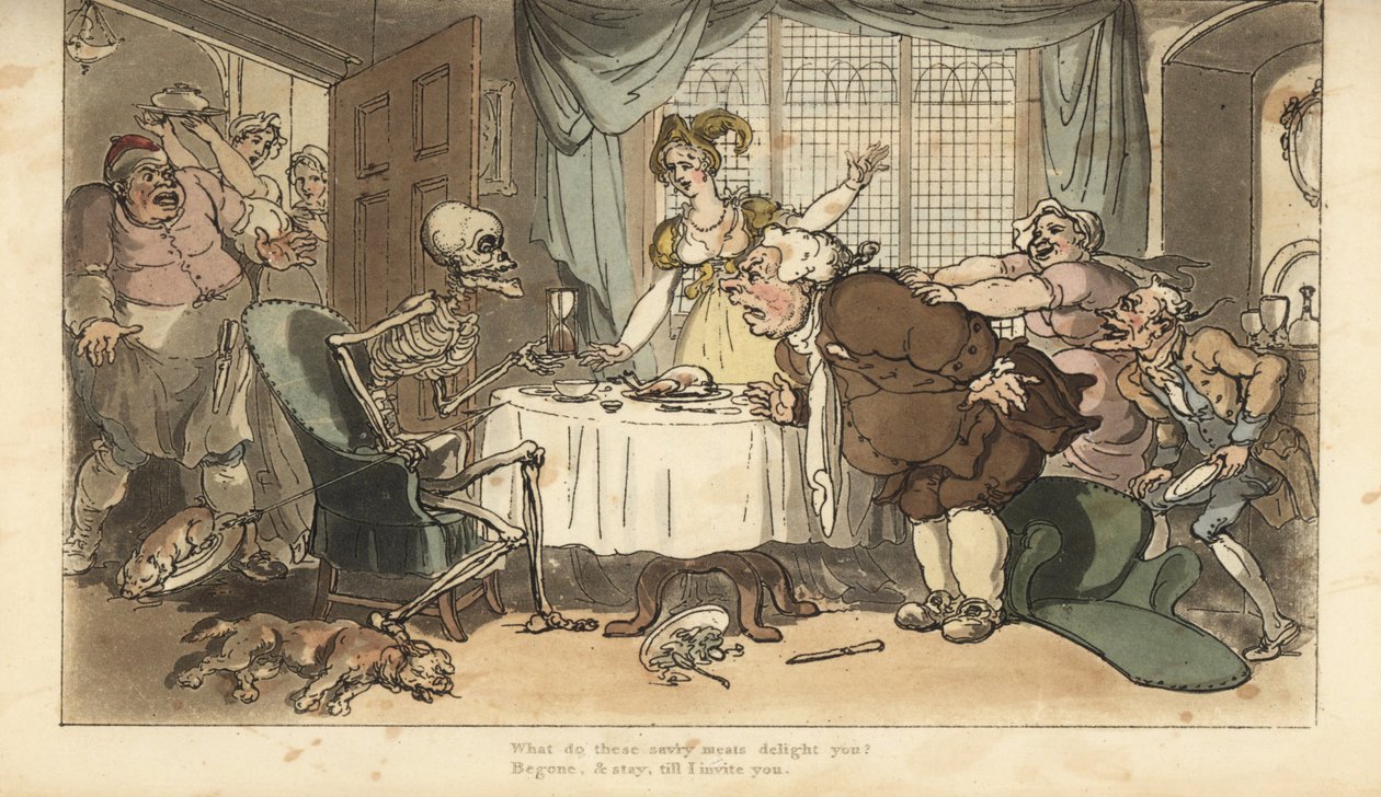 Das Skelett des Todes mit Pfeil und Sanduhr kommt für den Vielfraß, während er beim Abendessen schlemmt. Handkolorierte Kupferplatte gezeichnet und graviert von Thomas Rowlandson aus „The English Dance of Death“, Ackermann, London von Thomas Rowlandson
