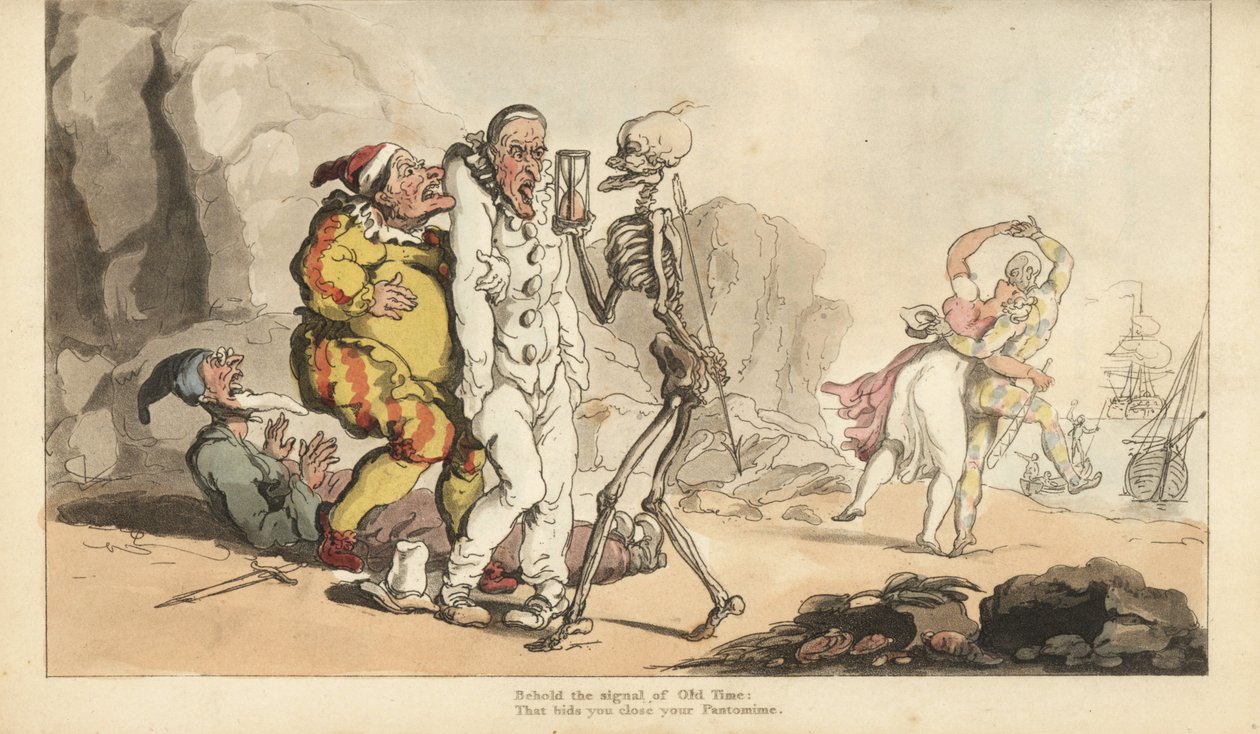 Der Tod mit Stundenglas und Pfeil kommt für einen Pierrot und andere Clowns, während ein Harlekin mit einer Frau am Strand tanzt (Handkolorierte Kupferstich von Thomas Rowlandson) von Thomas Rowlandson