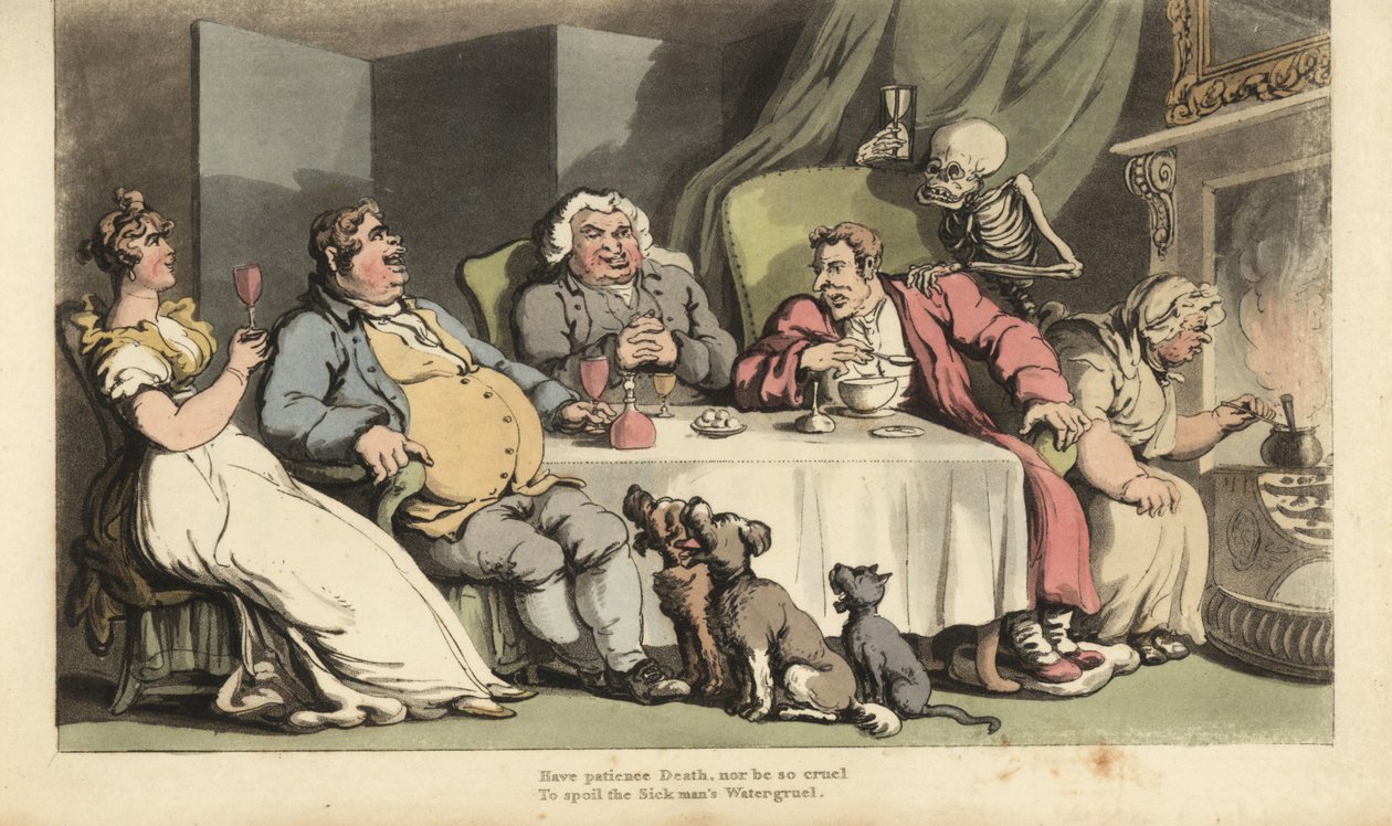 Das Skelett des Todes mit Sanduhr kommt für den kranken Mann, während er Grütze am Esstisch mit seinen Trinkkumpanen vor dem Kamin isst. Handkolorierte Kupferplatte, gezeichnet und graviert von Thomas Rowlandson aus The English Dance of Death, Ackermann, L von Thomas Rowlandson