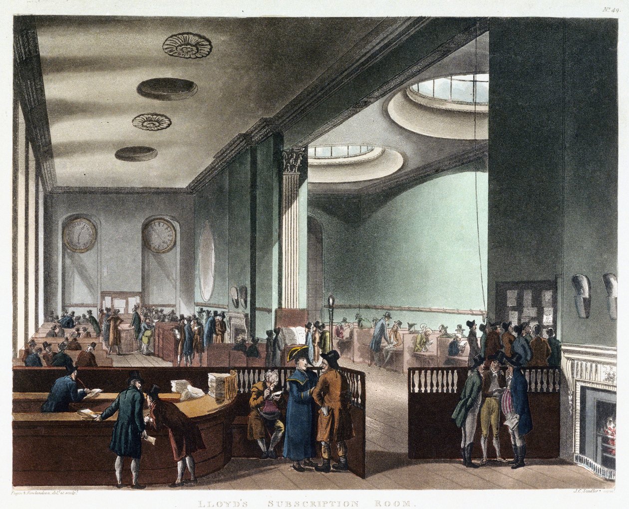Der Versicherungsraum von Lloyd of London, einer Versicherungsgesellschaft, die im 17. Jahrhundert im Kaffeehaus von Edward Lloyd (gestorben 1713) in der Tower Street in London, England, zu handeln begann von Thomas Rowlandson