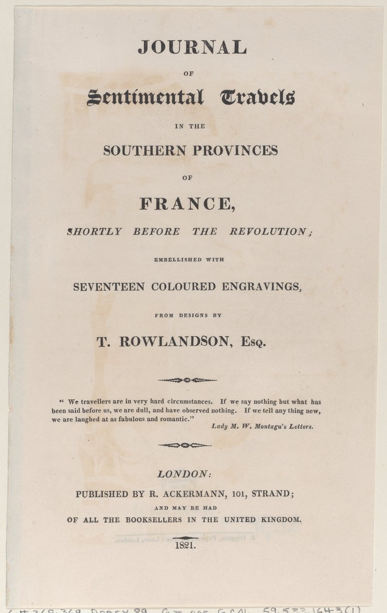 Titelseite, aus Journal of Sentimental Travels in the Southern Provinces of France, 1821 von Thomas Rowlandson