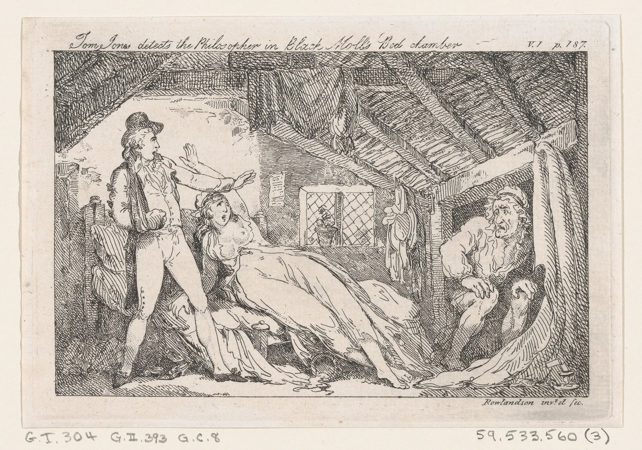 Tom Jones entdeckt den Philosophen im Schlafzimmer von Black Moll, Die Geschichte von Tom Jones, 1792 von Thomas Rowlandson