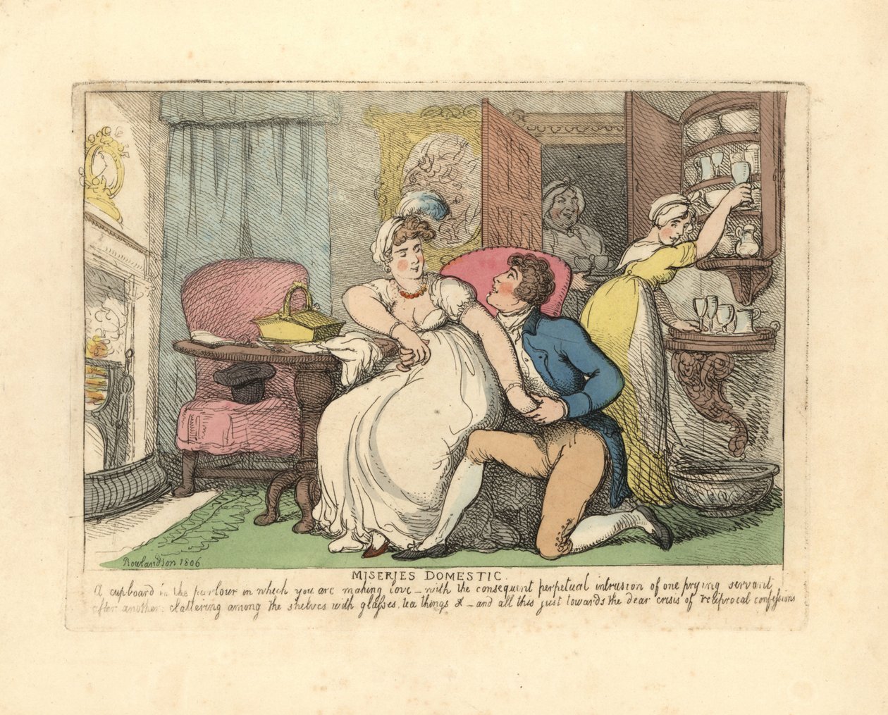 Zwei Liebende in einem Salon werden von neugierigen Dienstmädchen gestört von Thomas Rowlandson