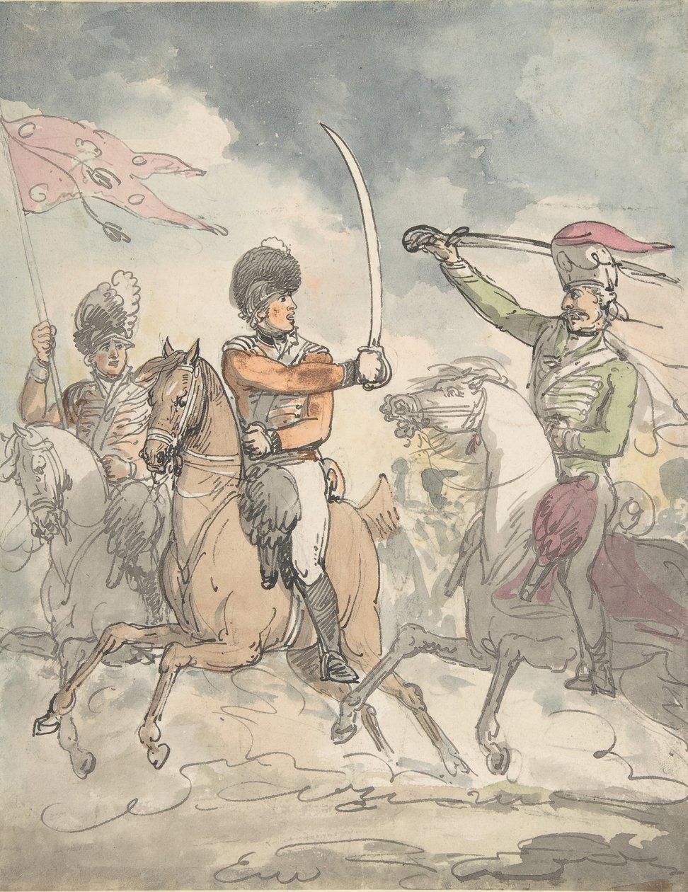 Unbenutzte Studie für eine Platte zur ungarischen und Highland-Broadsword-Übung, 12. Februar 1799, ca. 1799 von Thomas Rowlandson.