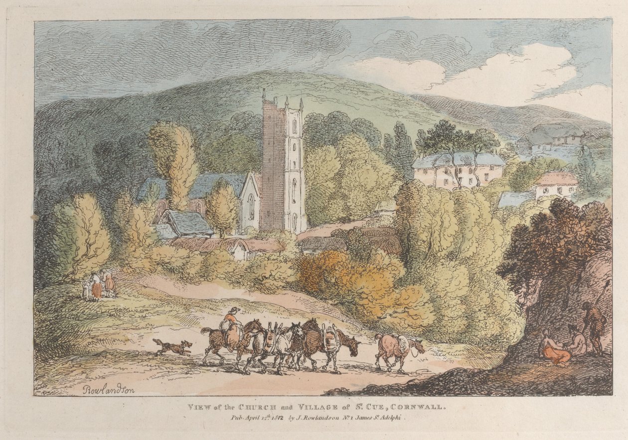 Ansicht der Kirche und des Dorfes St. Cue, Cornwall von Thomas Rowlandson