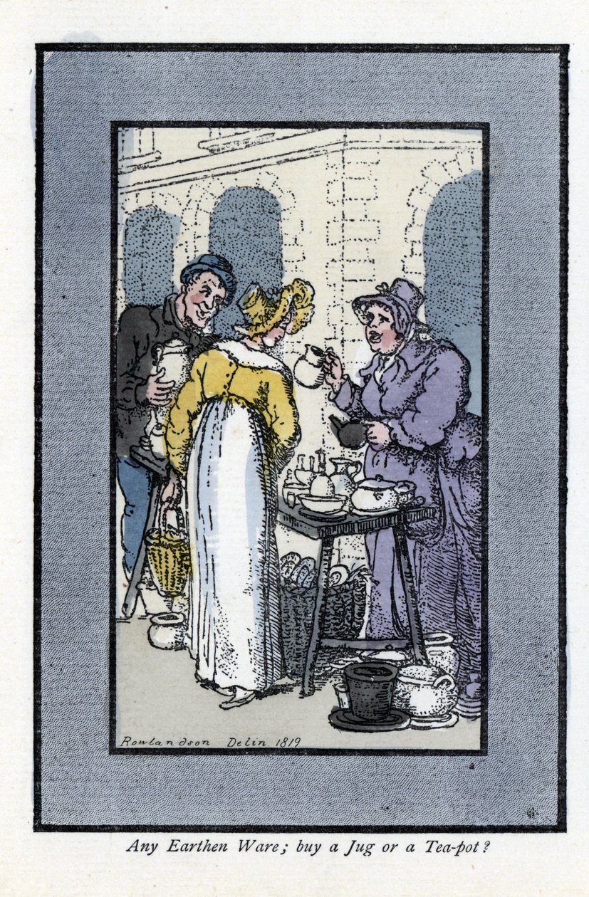 Frau verkauft Krüge, Teekannen und Schalen an einer Straßenecke von Thomas Rowlandson