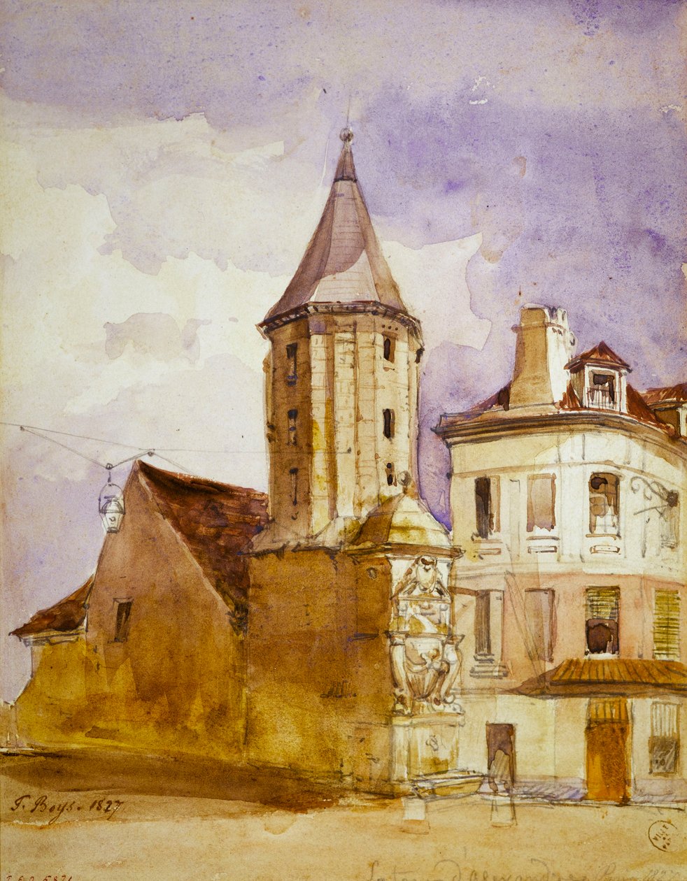 Der Turm Alexandre im Jahr 1827 und der Brunnen Saint-Victor von Thomas Shotter Boys