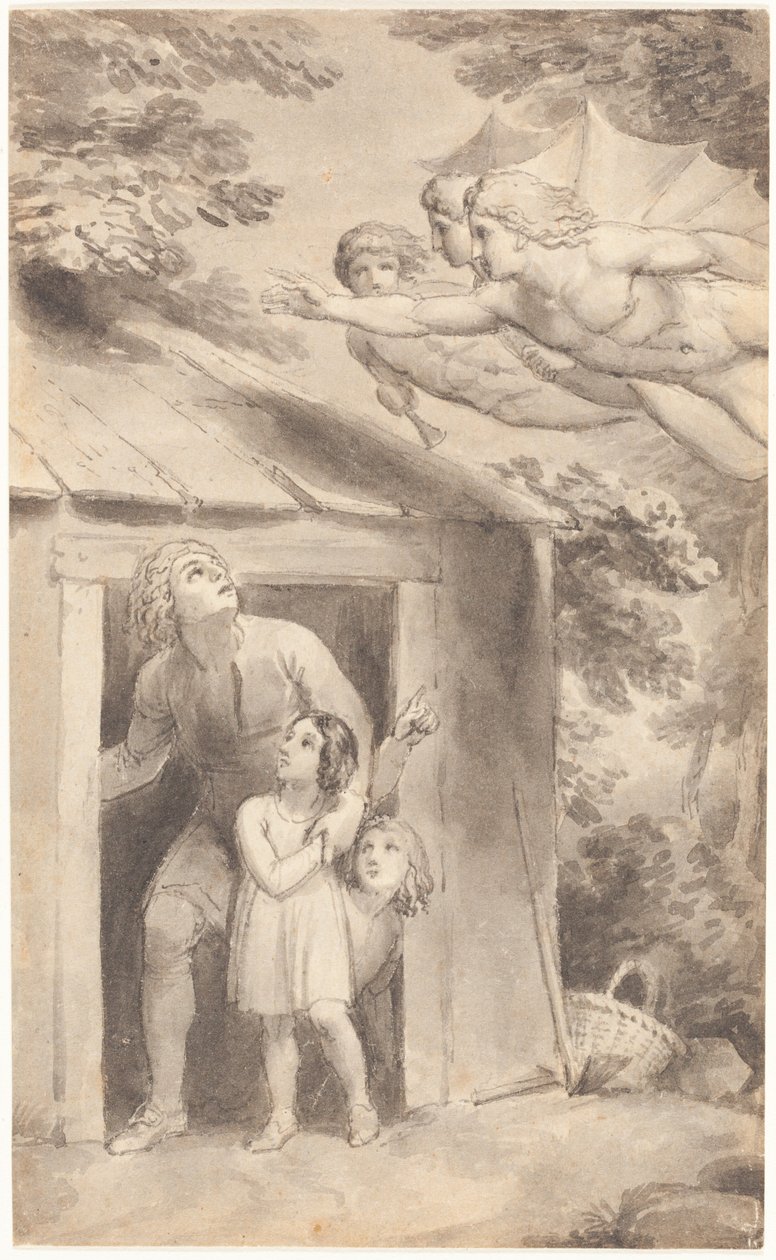 Peter und seine Kinder werden von drei fliegenden Gestalten besucht von Thomas Stothard