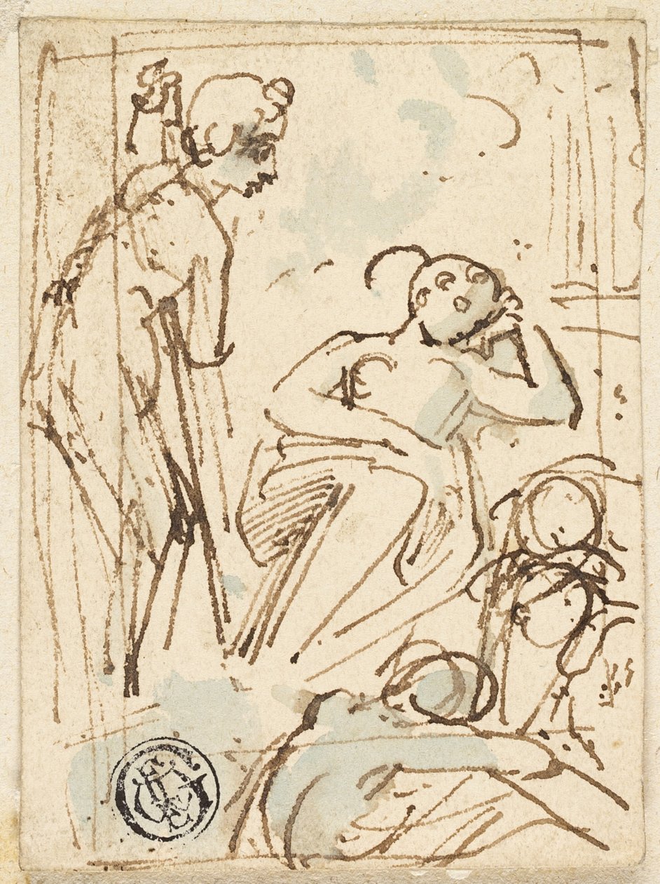 Skizze eines Mannes, der sich auf einen Stab stützt und eine schlafende Frau betrachtet von Thomas Stothard