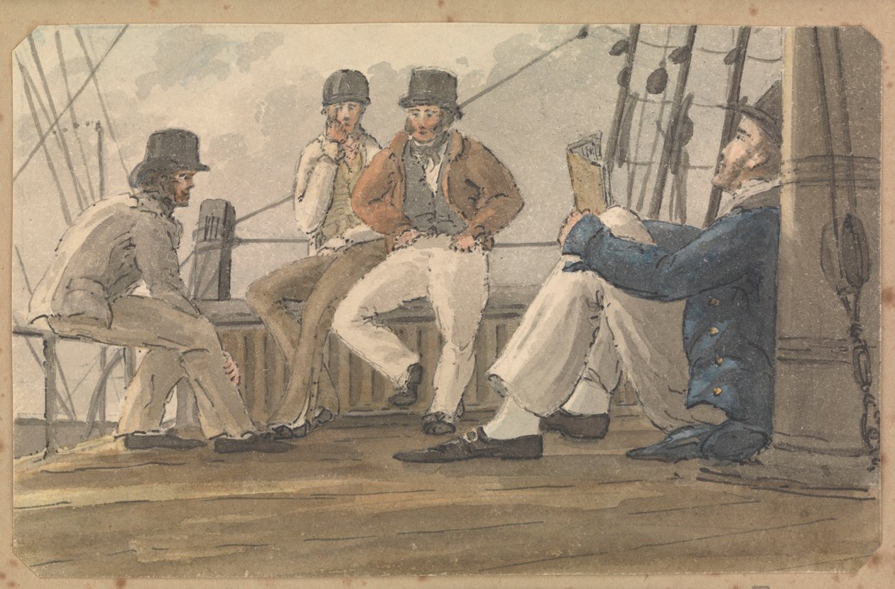 Vier Matrosen entspannen sich an Deck, einer liest von Thomas Streatfeild
