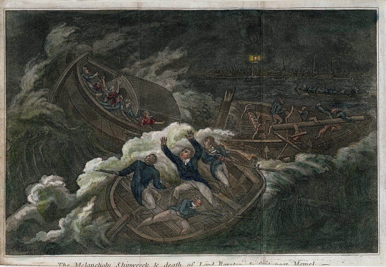 Das melancholische Schiffswrack und der Tod von Lord Royston. Lithographie (17,5 x 25,8 cm), London (England) Ausgabe, von Thomas Tegg (1808?). Englische Kunst von Thomas Tegg
