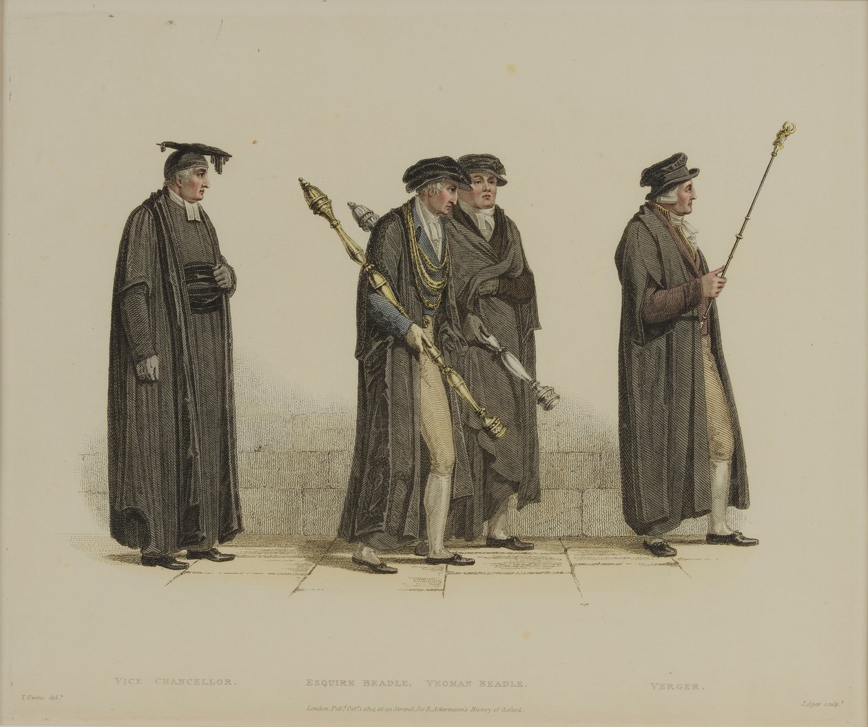 Vizekanzler, Esquire Beadle, Yeoman Beadle, Verger, graviert von J. Agar, veröffentlicht in R. Ackermanns 
