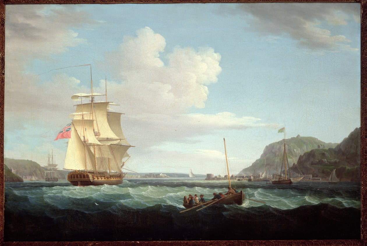 Eine britische Fregatte mit einem Langboot vor der Landzunge von Gallows Hill, Broad Bay, Isle of Lewis, Hebriden von Thomas Whitcombe