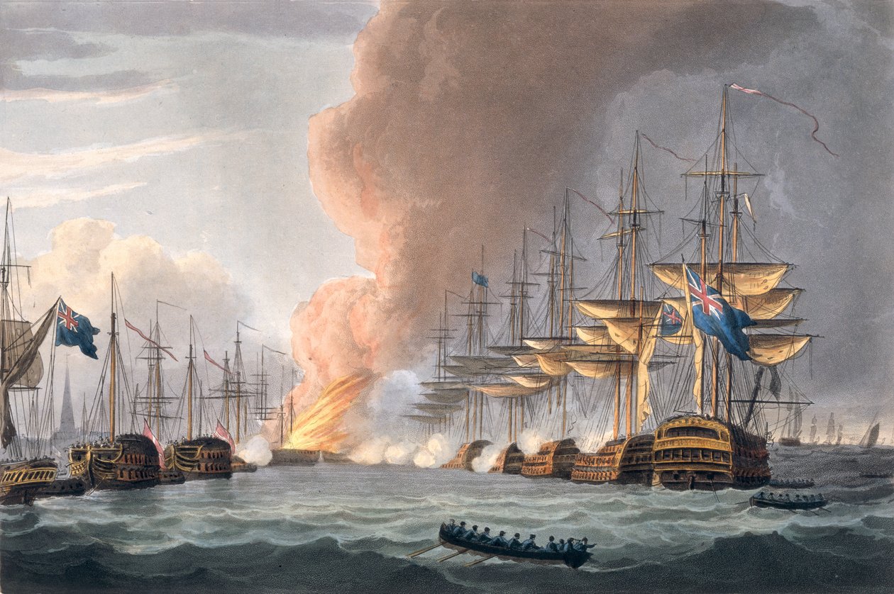 Zerstörung der dänischen Flotte vor Kopenhagen, 2. April 1801, graviert von Thomas Sutherland für J. Jenkins