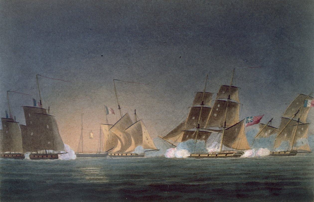 HMS Rinaldo im Gefecht mit vier französischen Freibeutern, graviert von J. Bailey für 