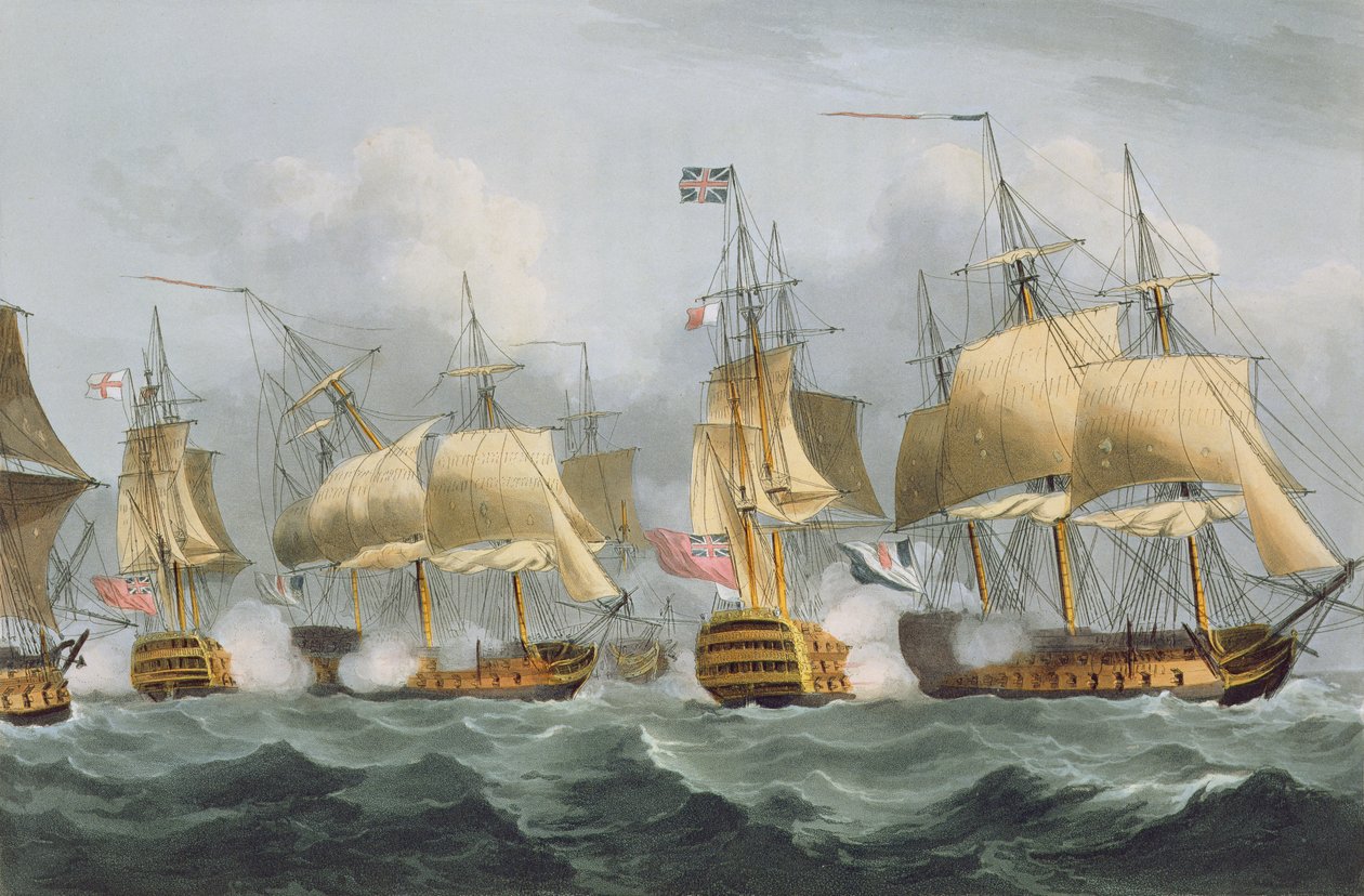 Lord Howe in der Queen Charlotte, durchbricht die feindliche Linie, 29. Mai 1794, graviert von Thomas Sutherland für J. Jenkins