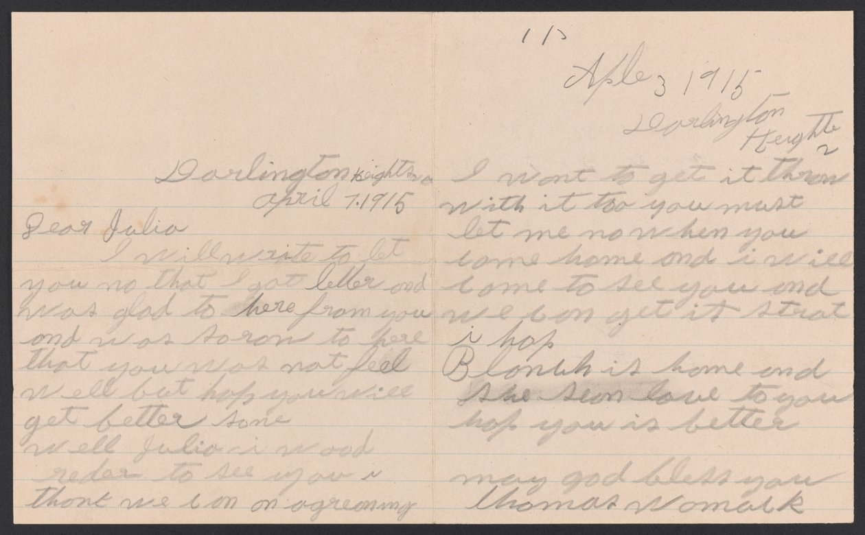 Brief von Thomas Womack an Julia Womack mit Umschlag, 7. April 1915 von Thomas Womack