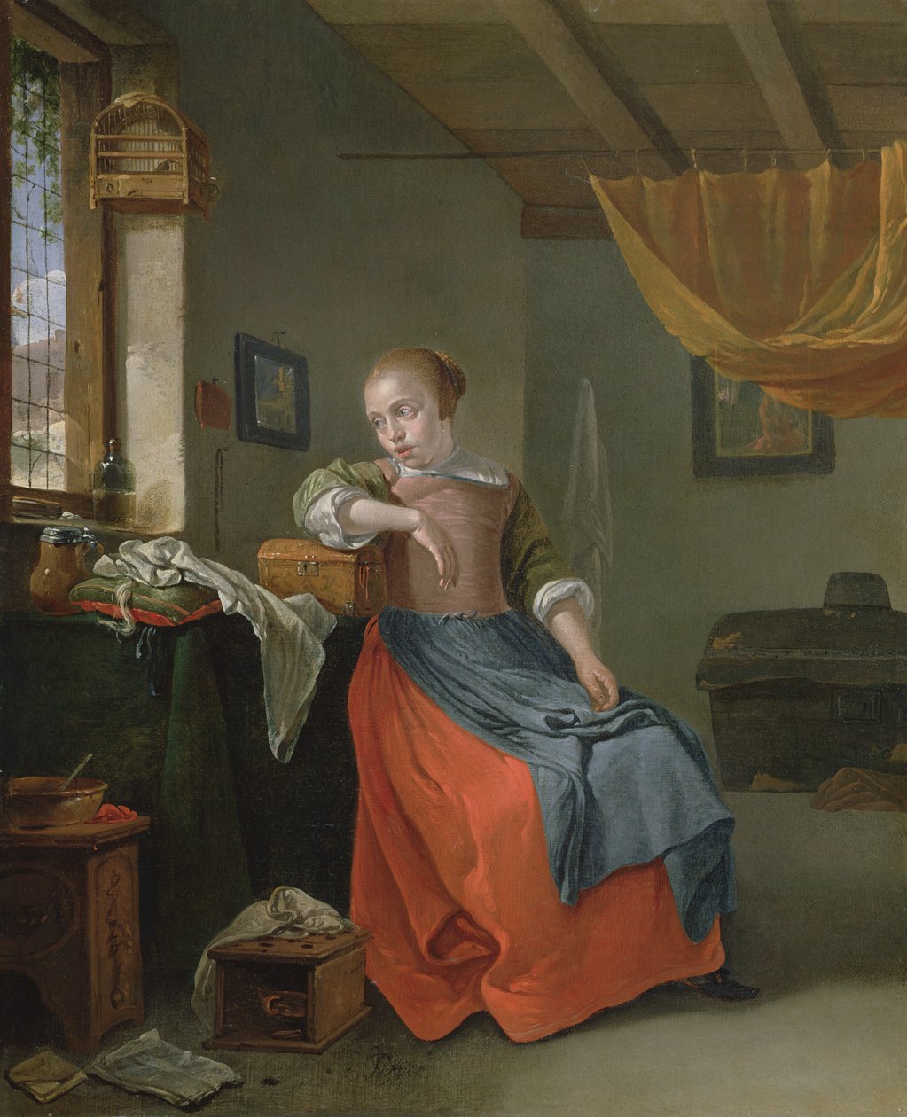 Eine sitzende Frau in einem Interieur, die aus dem Fenster schaut von Thomas Wyck