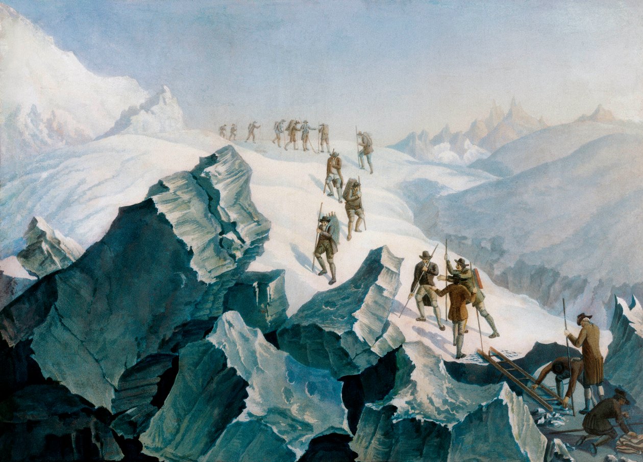 Abstieg von Horace Benedict de Saussure, seinem Sohn und Führern vom Mont Blanc, Aug. 1787 von Tiberius Dominikus Wocher