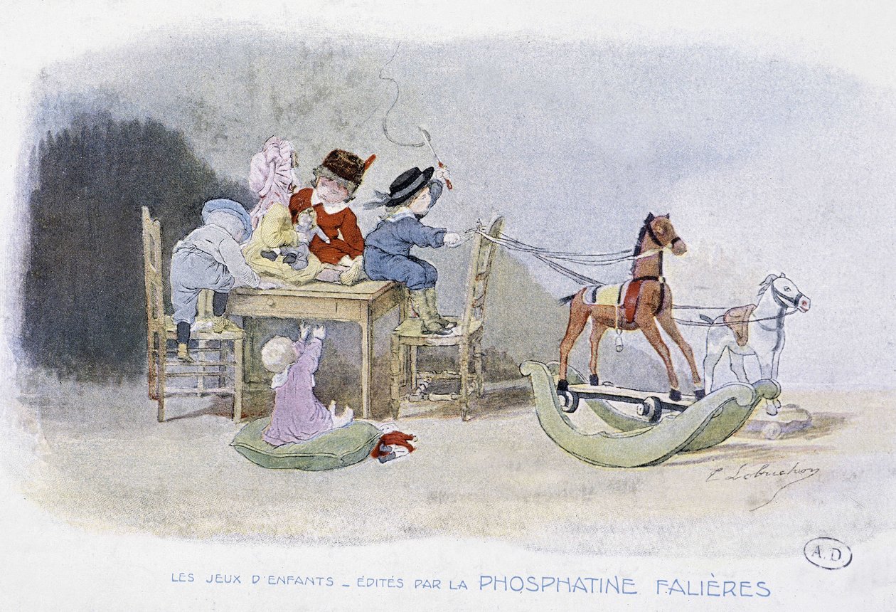 Kinderspiele: Schaukelpferde (Zeichnung von Lobrichon, herausgegeben von Phosphatine Falieres, ca. 1920) von Timoleon Marie Lobrichon