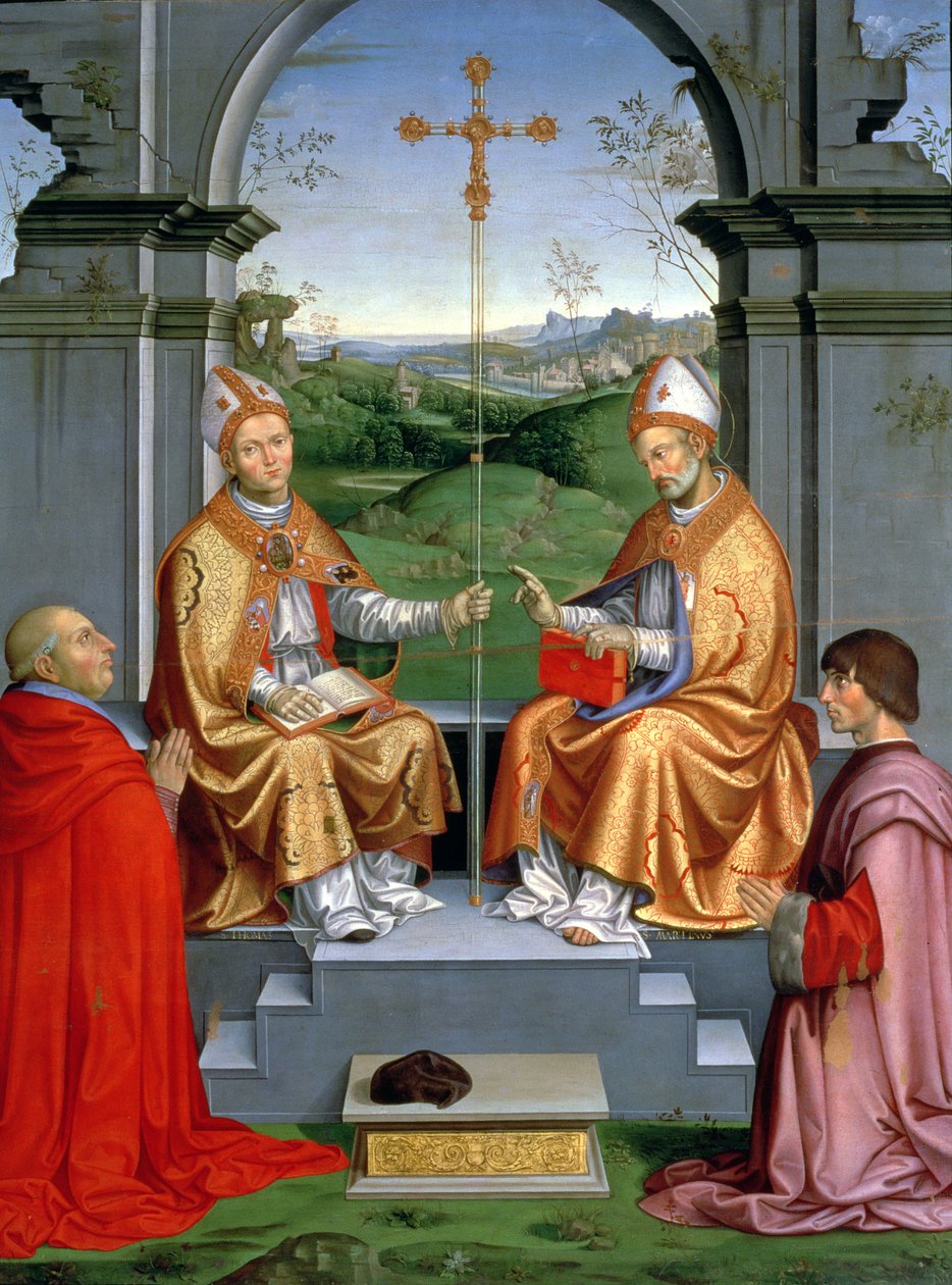 St. Thomas a Becket und St. Martin von Tours mit Erzbischof Giovanni Pietro Arrivabene und Guidobaldo da Montefeltro, Herzog von Urbino von Timoteo Viti