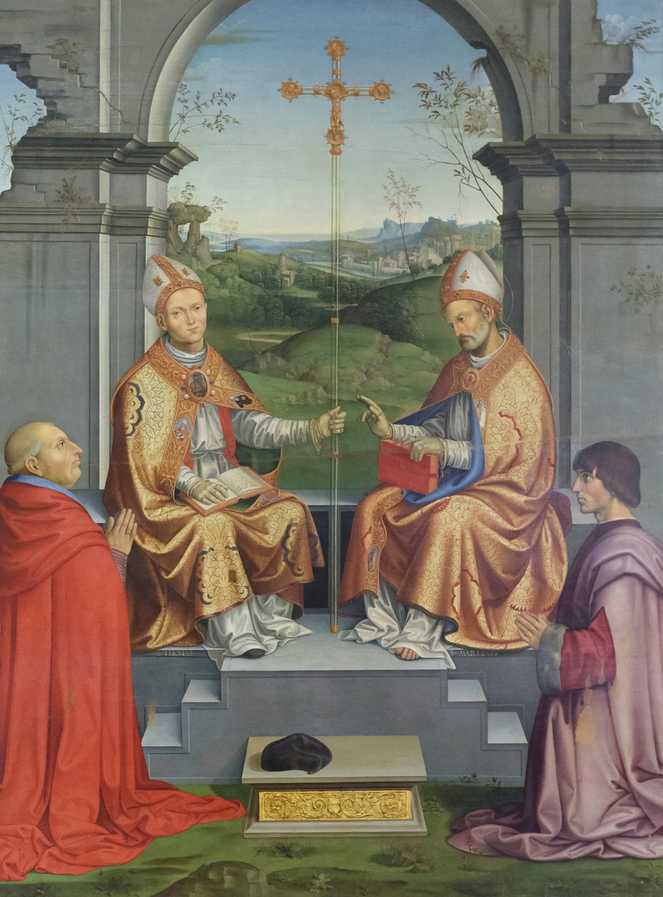 Heilige Thomas Becket und Martin von Tours, verehrt von Bischof Giovanni Pietro Arrivabene und seinem Neffen Giacomo von Timoteo Viti