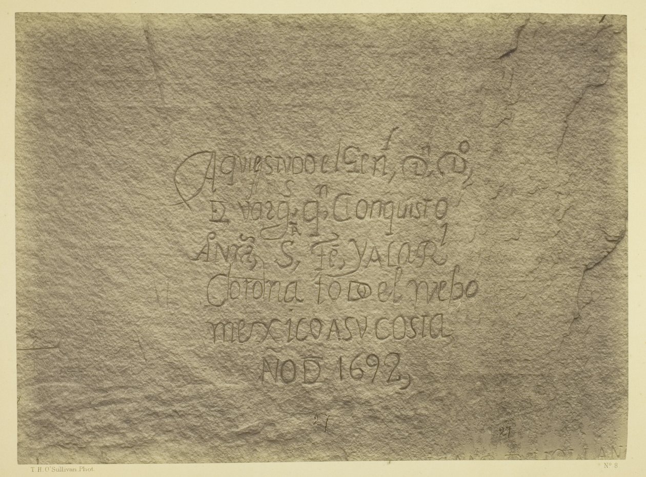 Historische spanische Aufzeichnung der Eroberung, Südseite des Inschriftfelsens, N.M. Geographische & Geologische Erkundungen & Erhebungen westlich des 100. Meridians. Expedition von 1873. -Leutnant Geo. M. Wheeler, Ingenieurkorps, Kommandant. von Timothy O