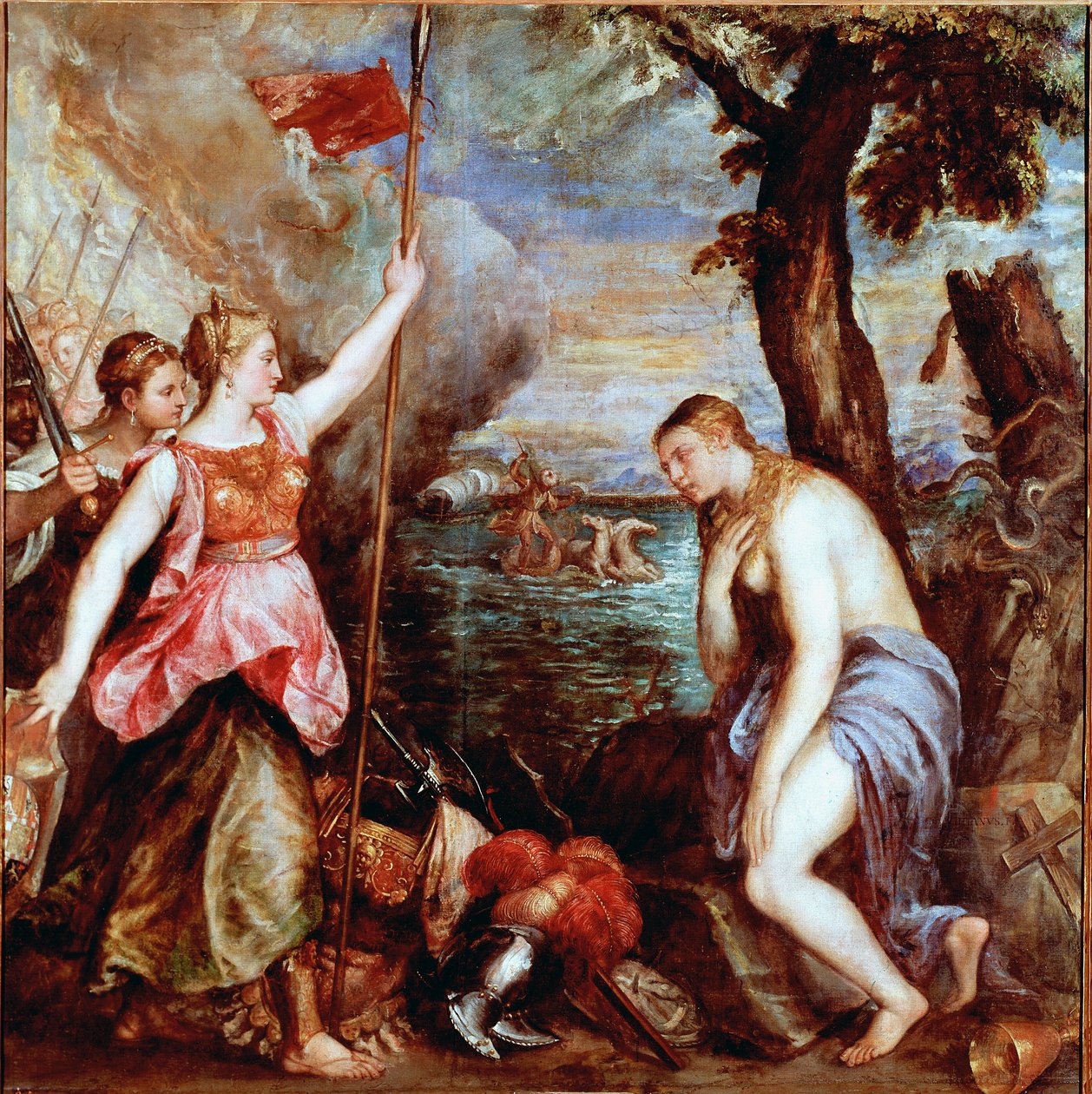 Spanien zur Hilfe der Religion: Allegorie des Sieges der Truppen von Papst Pius V. (einschließlich Spanien) über die Flotte des Osmanischen Reiches in der Seeschlacht von Lepanto im Jahr 1571. Eine entblößte Frau (Religion) wird von einem Krieger, der Span von Tiziano Vecelli