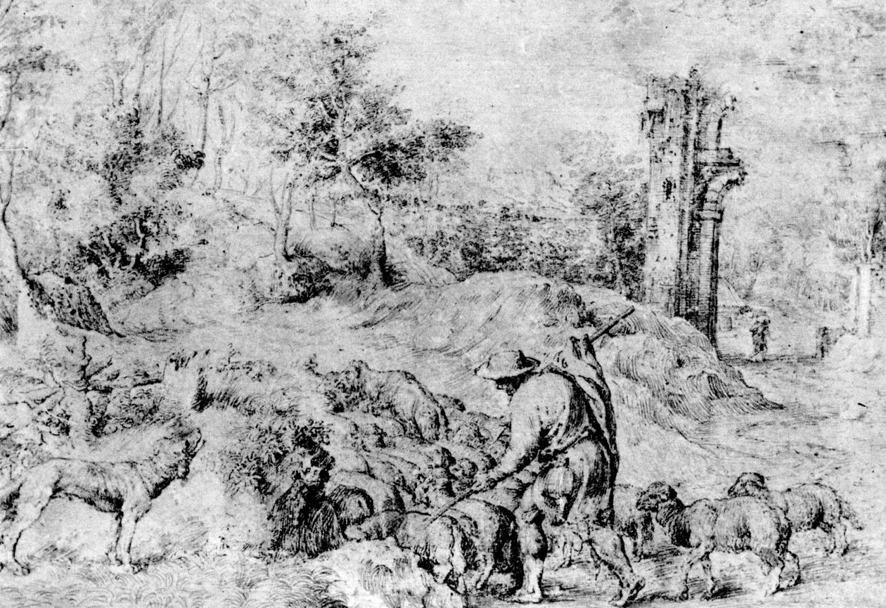 Landschaft mit Hirte und Herde, ca. 1520 von Tiziano Vecelli