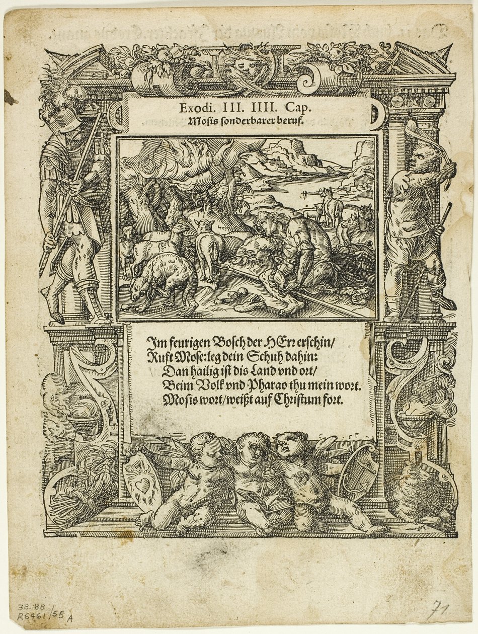 Moses und der brennende Dornbusch (recto) und Der kleine Moses wird in den Fluss gesetzt (verso) aus Neue künstlerische Figuren biblischer Historien, Platte 55 aus Holzschnitten aus Büchern des 16. Jahrhunderts von Tobias Stimmer