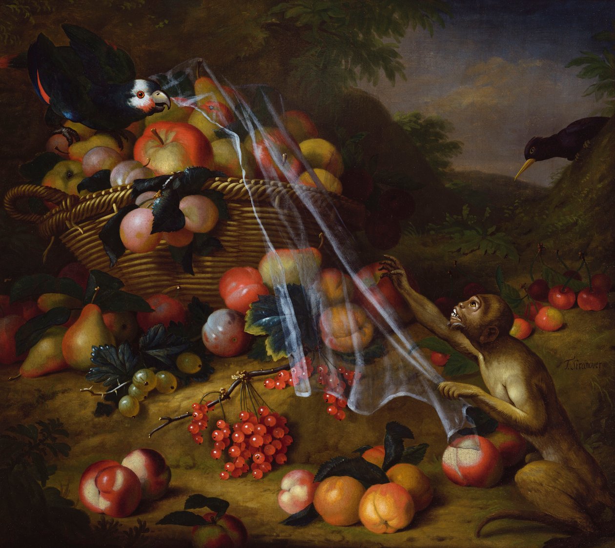 Gemischtes Obst mit einem Affen, einem Papagei, einem Eichelhäher und zwei Finken in einer Landschaft von Tobias Stranover