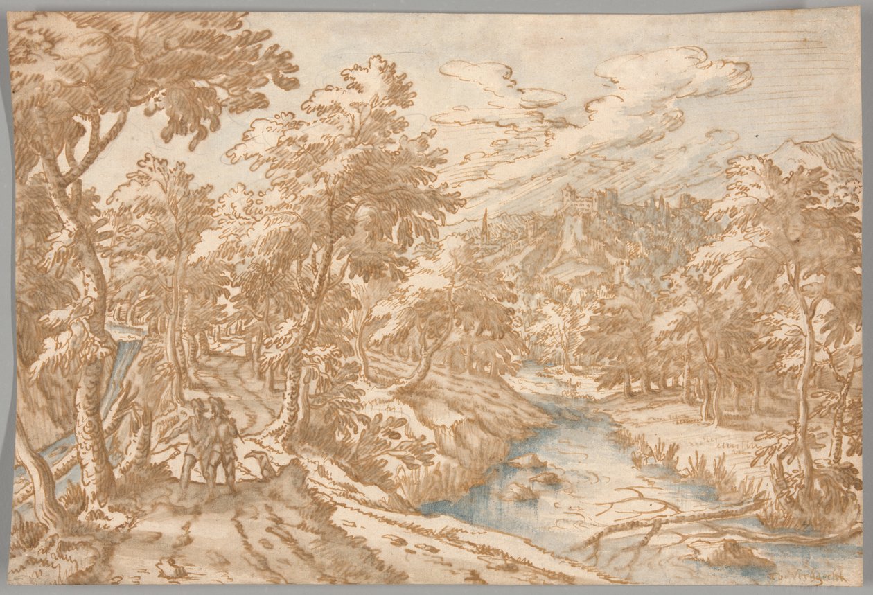 Landschaft mit zwei Männern, die spazieren gehen von Tobias Verhaecht