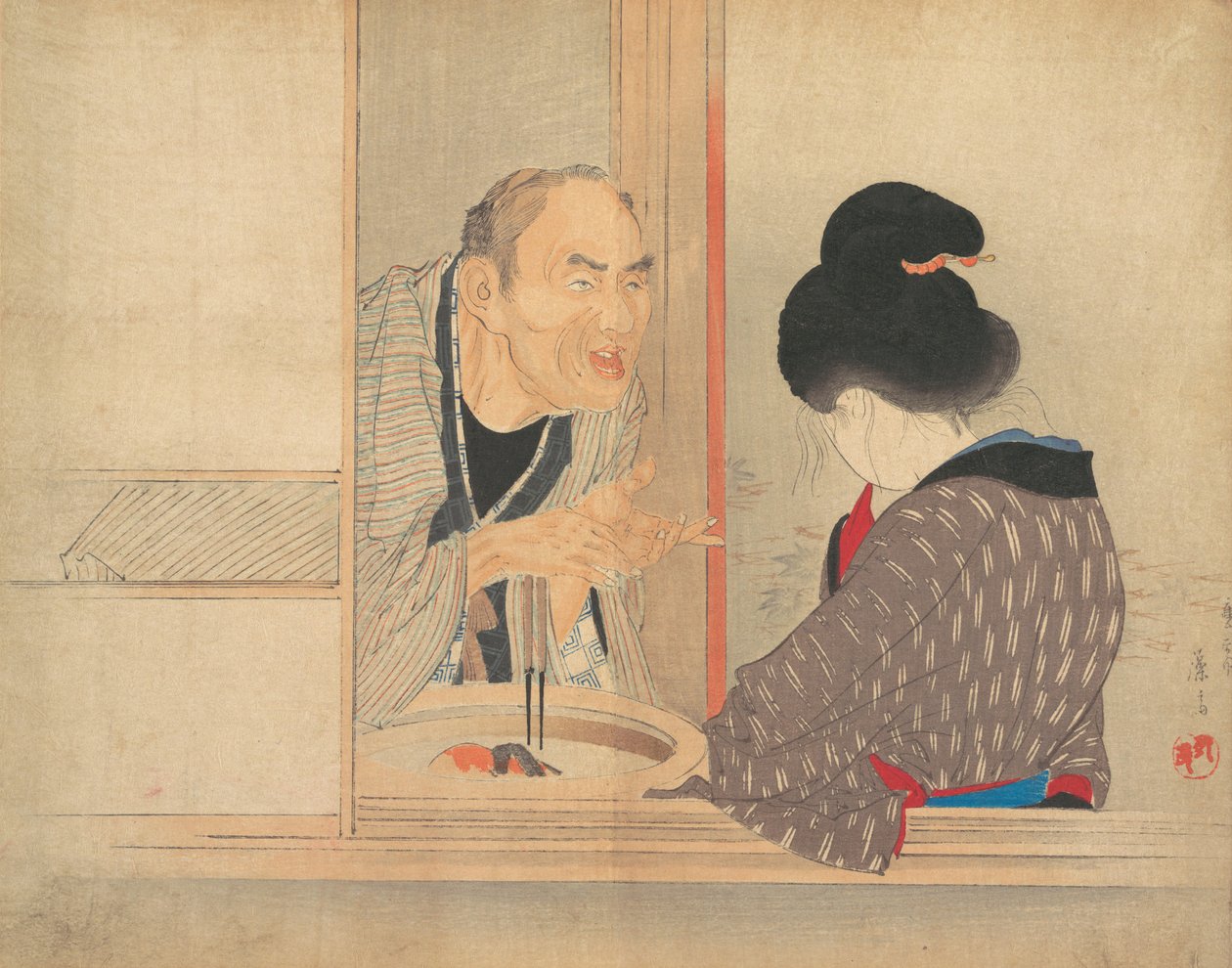 Eine schimpfende Ochiyo, Illustration aus dem Bugei Kurabu Literaturclub von Tomioka Eisen