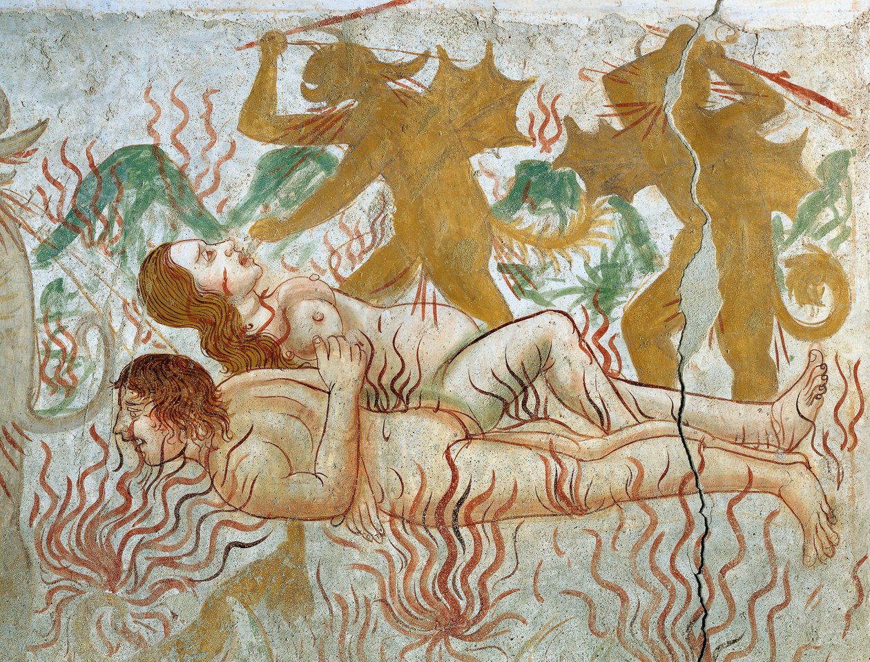 Das Jüngste Gericht, Hölle, verdammtes Paar in Flammen von Tommaso (active 1479 1509) (workshop) Cagnola
