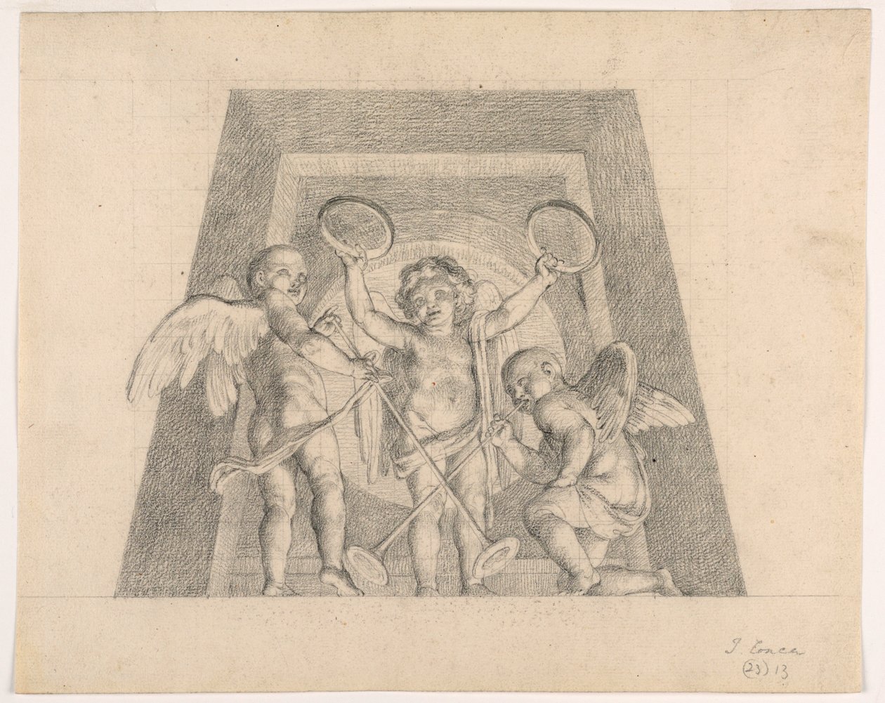 Drei Putti mit Tamburinen und Trompeten, Entwurf für Lunette der Sala delle Muse, Museo Pio-Clementino, Vatikan von Tommaso Maria Conca