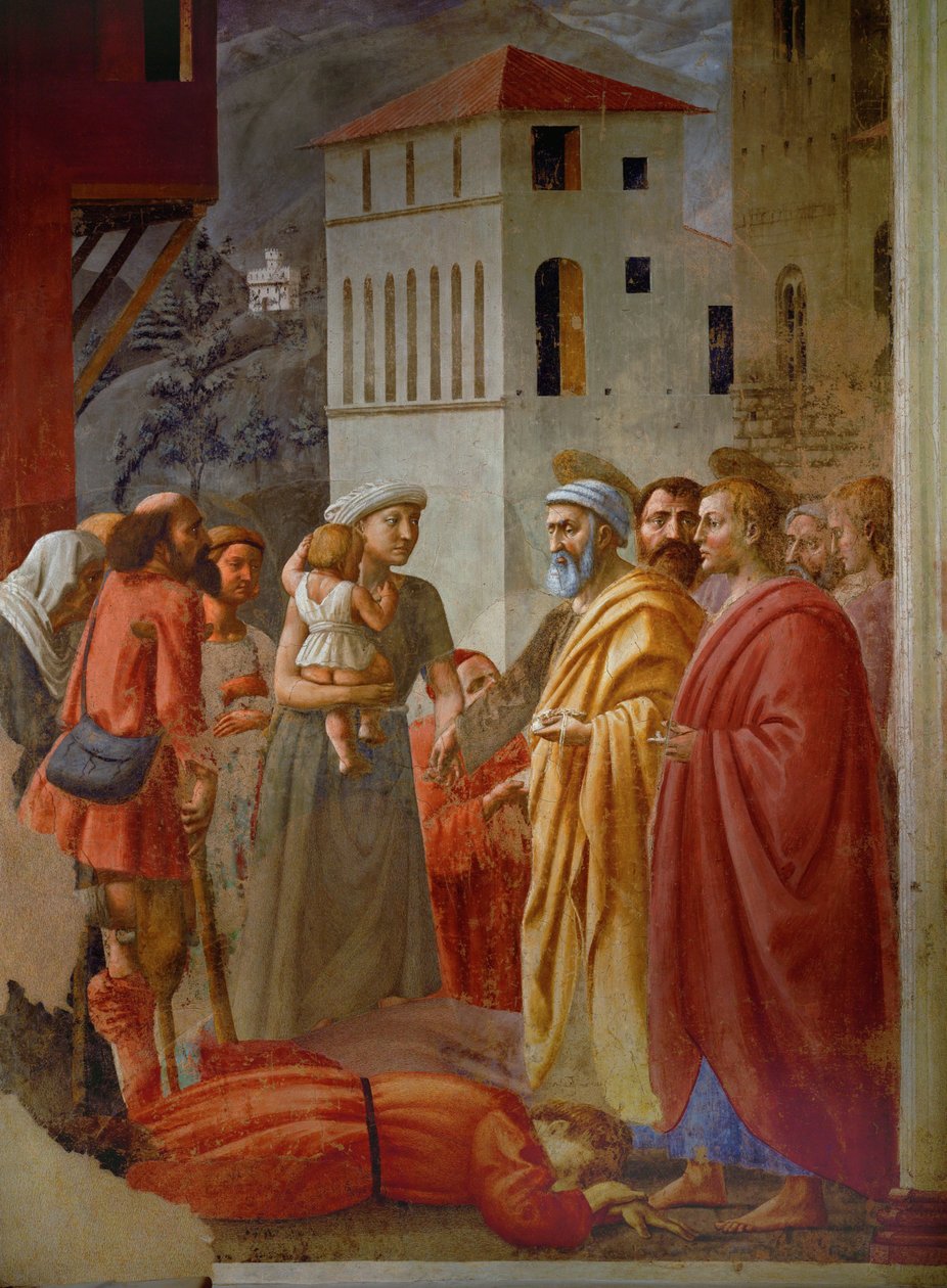 Ananias, ein Mitglied einer christlichen Kommune, hat einen Teil seines Geldes zurückgehalten und fällt zur Vergeltung tot zu Füßen von Sankt Peter von Tommaso Masaccio