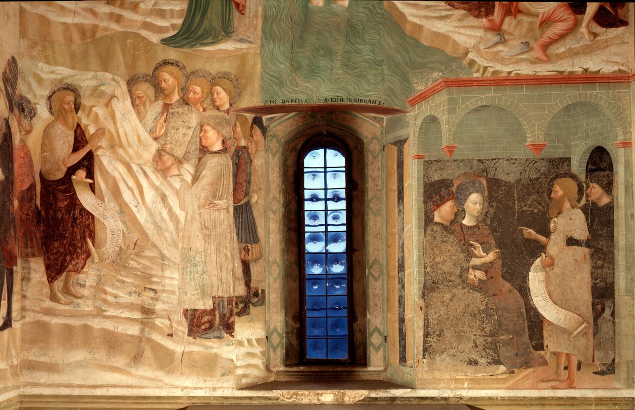 Episode aus dem Leben von Johannes dem Täufer: die Predigt von Johannes dem Täufer in der Wüste und Johannes der Täufer vor Herodes von Tommaso Masolino da Panicale