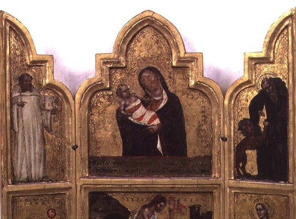 Madonna mit Kind, St. Benedikt und St. Hieronymus, obere Hälfte des Triptychons von Tommaso da Modena Barisino or Rabisino