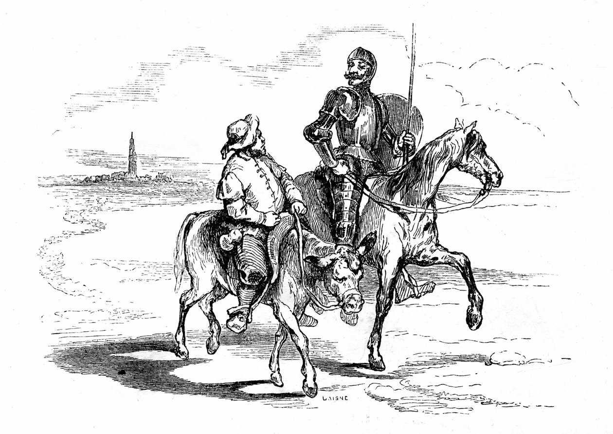 Don Quijote reitet auf seinem Pferd Rossinante mit seinem treuen Knappen Sancho Panza auf seinem Esel. Illustration des Romans von Cervantes, veröffentlicht in Frankreich 1845 von Dubochet & Cie, Übersetzung von Louis Viardot, Gravuren von Tony Johannot von Tony Johannot