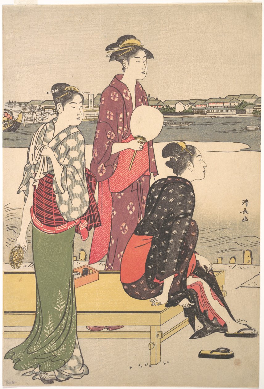 Ukiyo-e Farbholzschnitt von drei Schönheiten von Torii Kiyonaga von Torii Kiyonaga