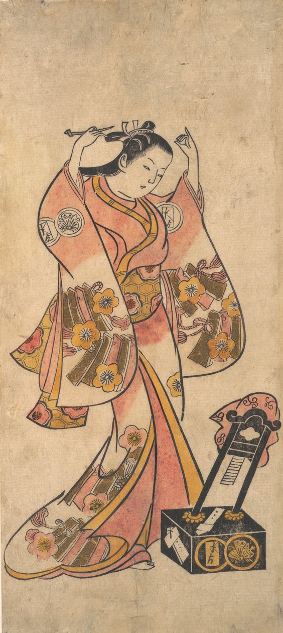 Sanjo Kantaro als Frau, die sich vor einem Lackspiegel die Haare richtet, vor 1763 von Torii Kiyomasu II.