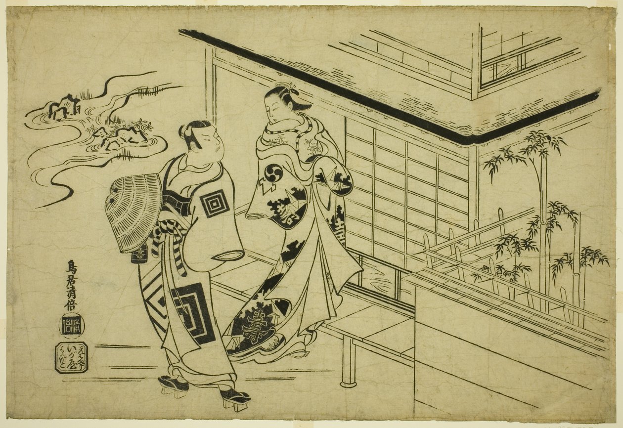 Die Schauspieler Nakamura Takesaburo I als Kewaizaka no Shosho und Ichikawa Danjuro II als Soga no Goro im Stück "Bando Ichi Kotobuki Soga," aufgeführt im Nakamura-Theater im ersten Monat, 1715 von Torii Kiyomasu I