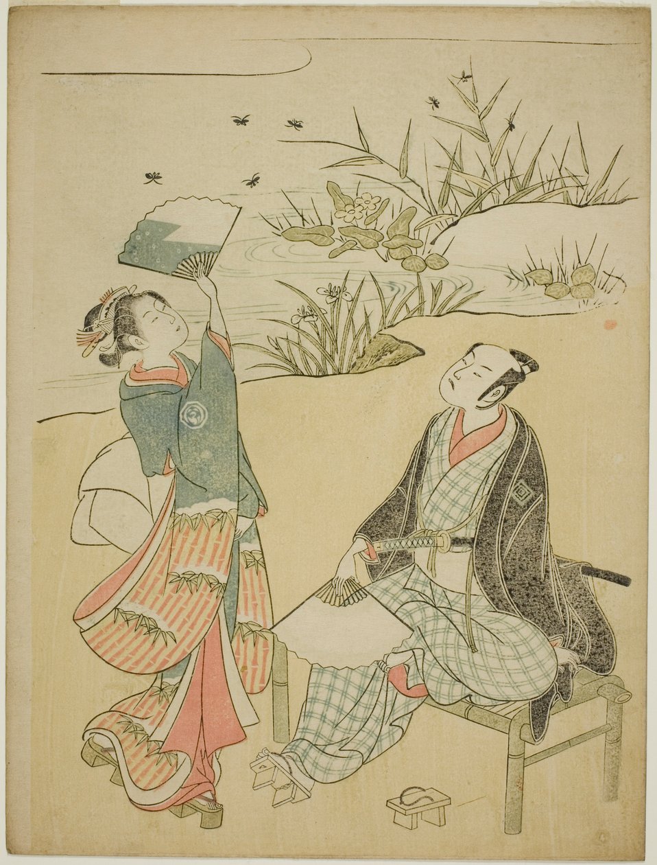 Zwei Schauspieler fangen Glühwürmchen von Torii Kiyomitsu I