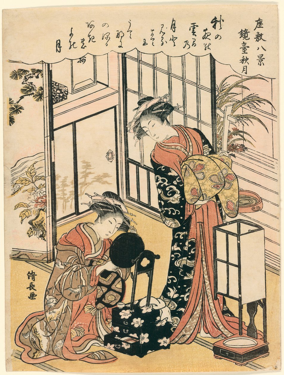 Ein Spiegel auf einem Ständer, der den Herbstmond andeutet, aus der Serie "Acht Szenen des Salons" von Torii Kiyonaga