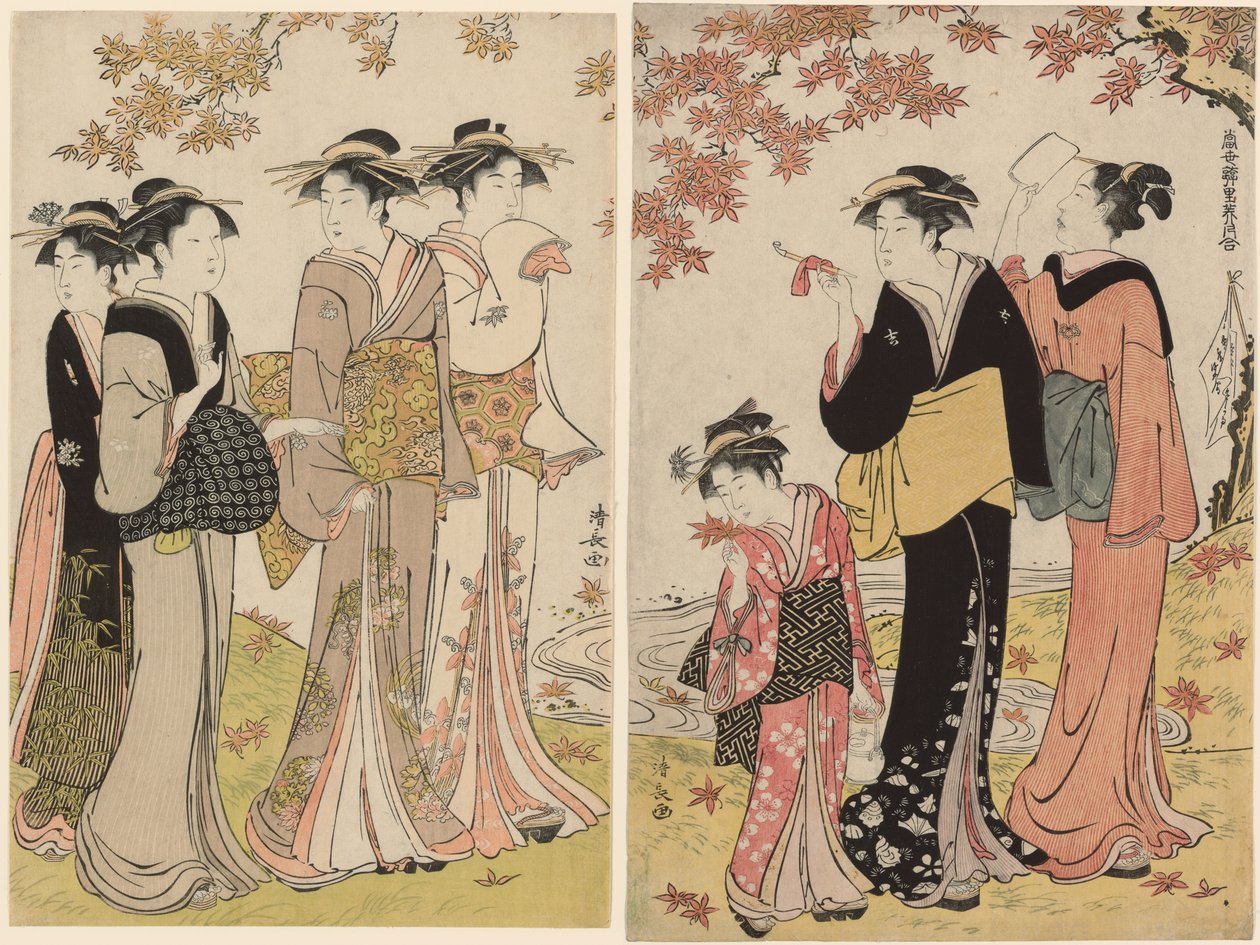 Schönheiten unter einem Ahornbaum, aus der Serie "Eine Sammlung zeitgenössischer Schönheiten der Vergnügungsviertel (Tosei yuri bijin awase)" von Torii Kiyonaga