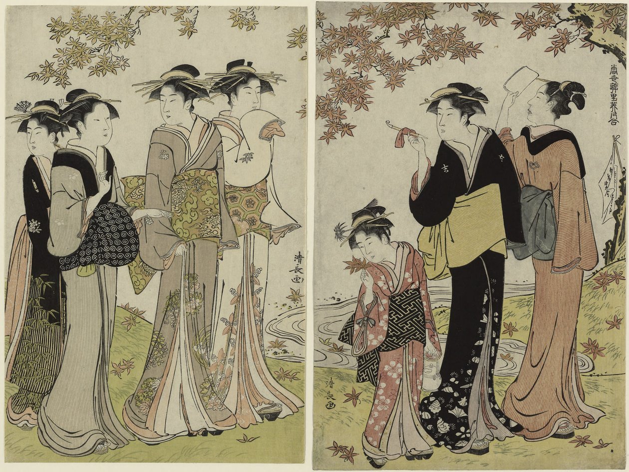 Schönheiten unter einem Ahornbaum, aus der Serie "Eine Sammlung zeitgenössischer Schönheiten der Vergnügungsviertel" von Torii Kiyonaga