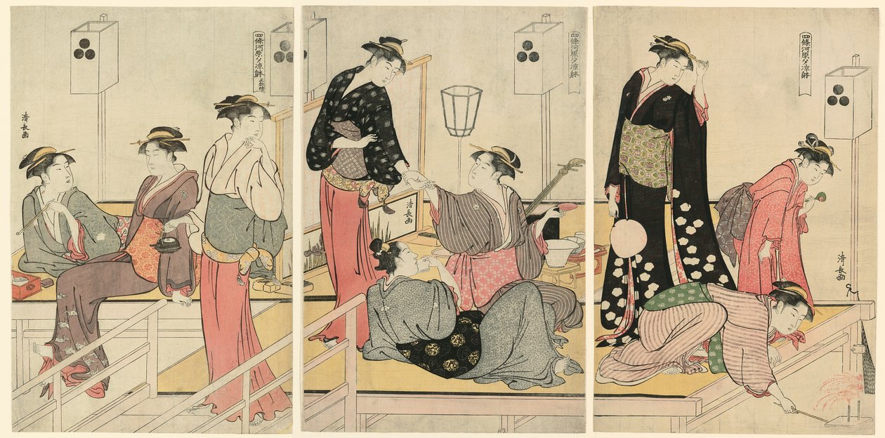 Abkühlung am Abend in Shijogawara von Torii Kiyonaga