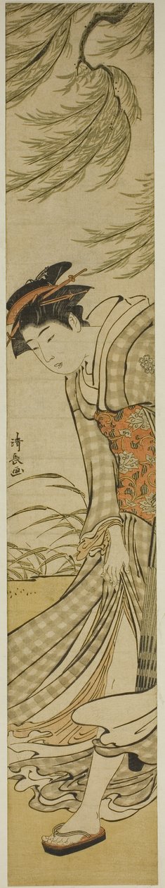 Kurtisane unter einem Weidenbaum an einem windigen Tag von Torii Kiyonaga