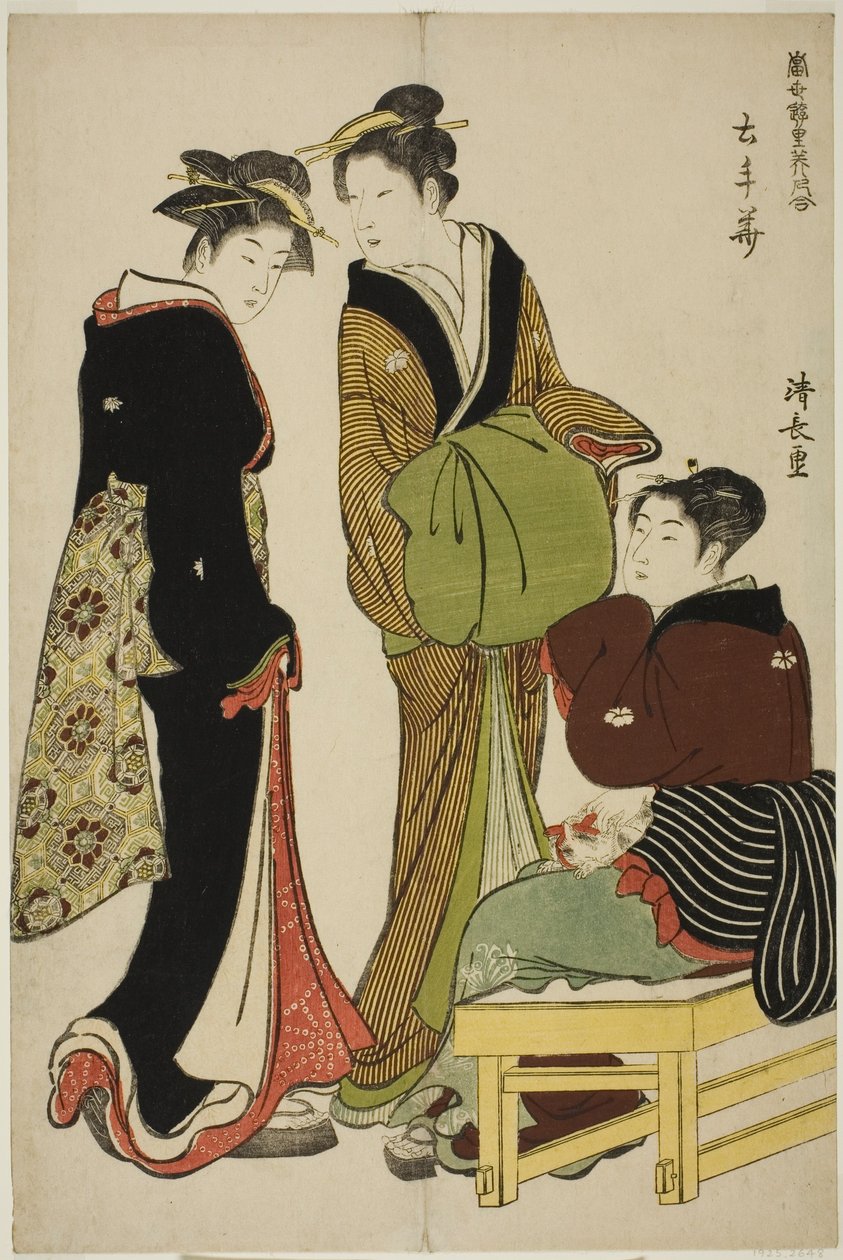 Blumen des Doteshita-Distrikts (Dotebana), aus der Serie "Eine Sammlung zeitgenössischer Schönheiten der Vergnügungsviertel (Tosei yuri bijin awase)" von Torii Kiyonaga