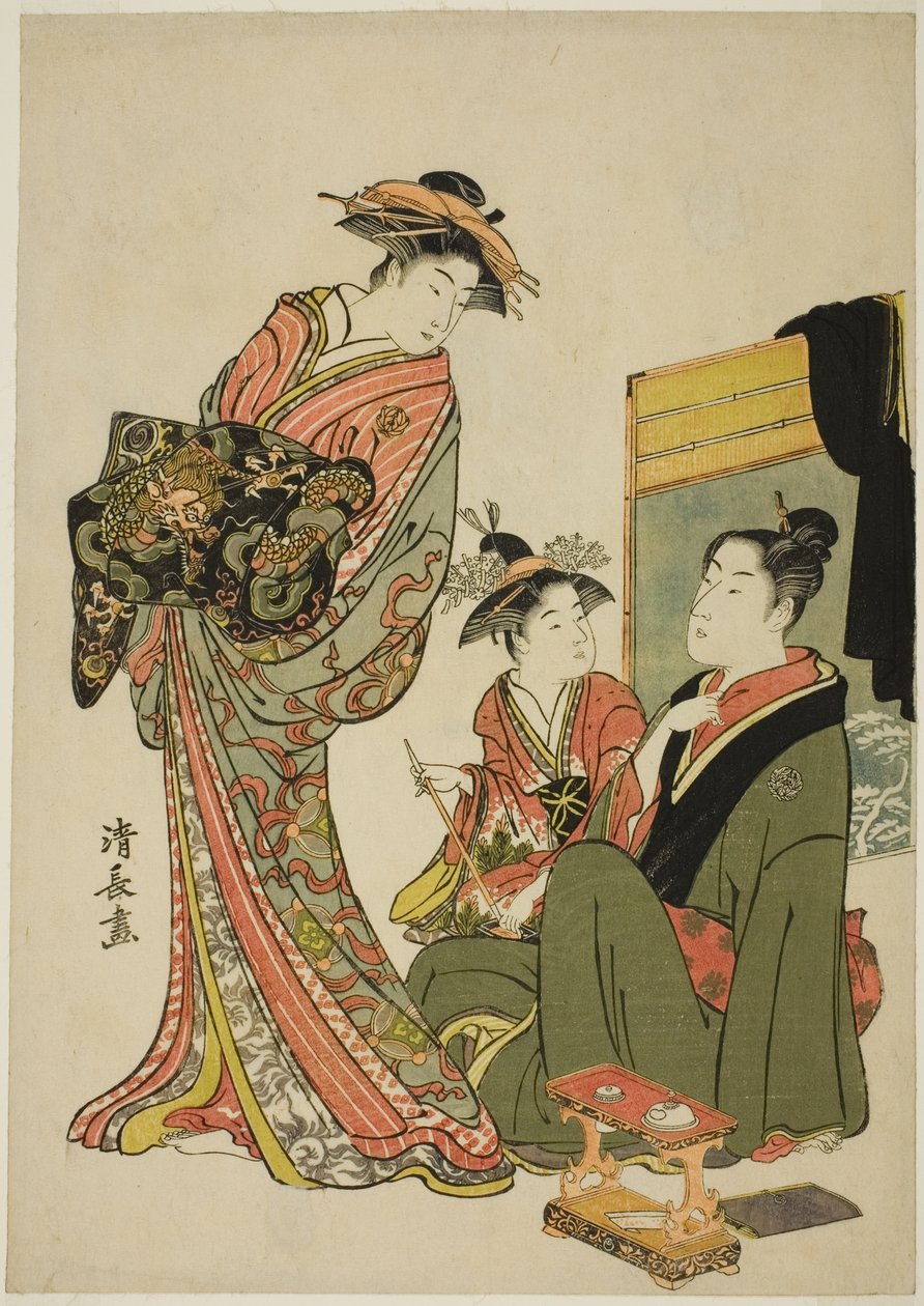 Der Schauspieler Nakamura Riko mit einer Kurtisane, aus einer unbetitelten Serie von Aiban-Drucken, die Schauspieler im Privatleben darstellen von Torii Kiyonaga